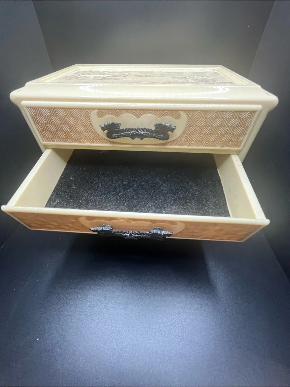 Vintage 1950s Celluloid Jewelry Box Asian Scenic 3 Drawer Vanity Trinket Chest.
